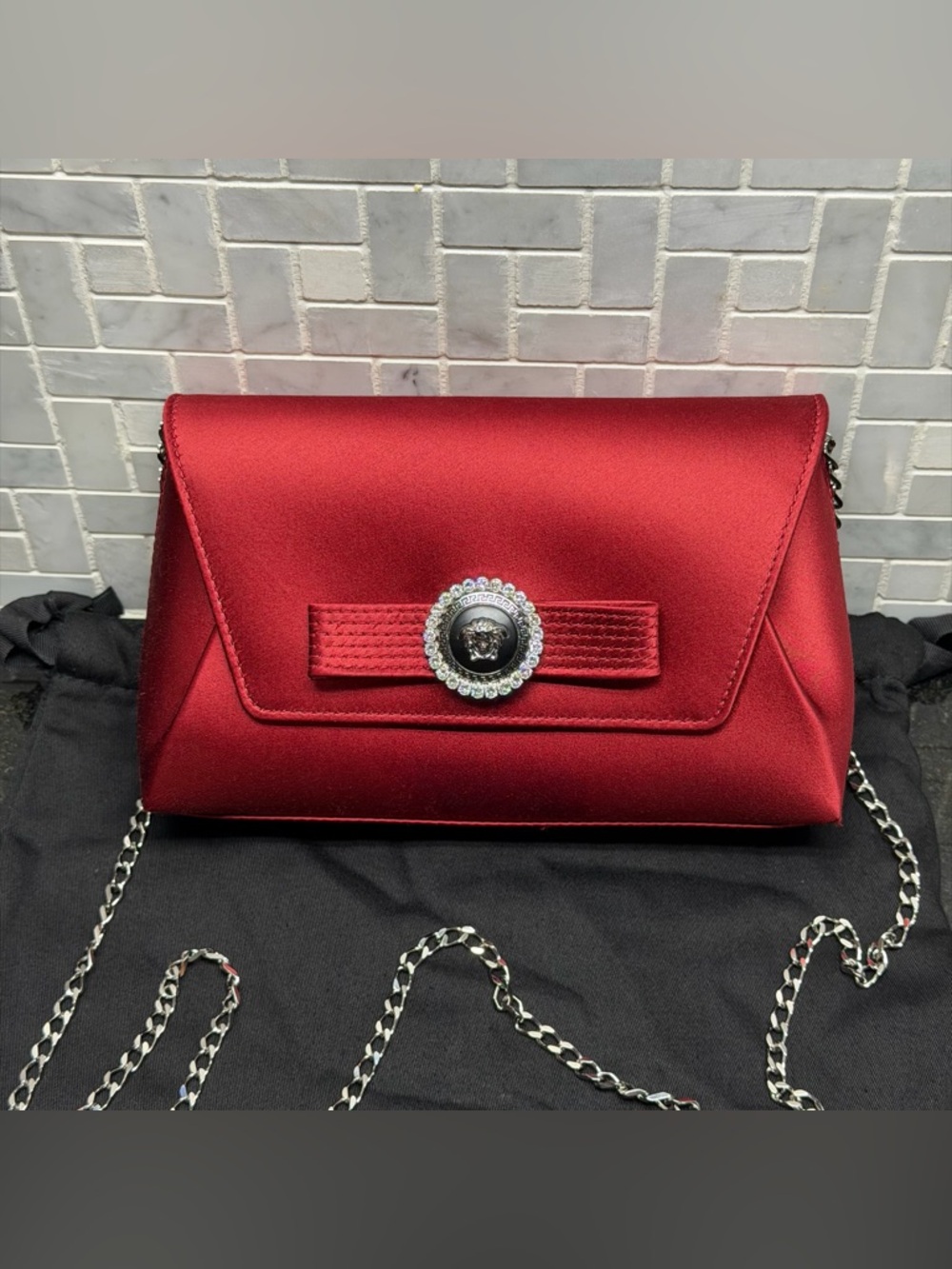 Versace Medusa Crystal Clutch Bag Red Satin Envelope Chain Shoulder Bag Italy - Picture 5 of 10